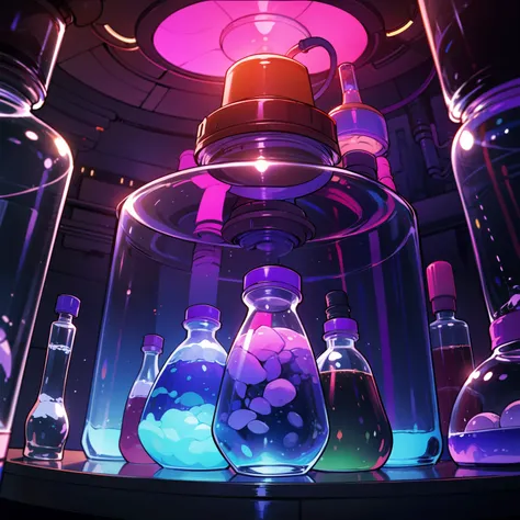 Crea una escena, Where a Girl Scientist, Its in your lab, with scientific jars, with greenish and purple lighting