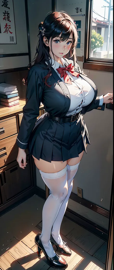 (真实感:1.4),，1female，35yo，Huge breasts，mature，Big high school girl，Japan high school uniform，JK Group，white stockings，beautifullegs，big breasts thin waist，high-heels，Pornographic exposure，