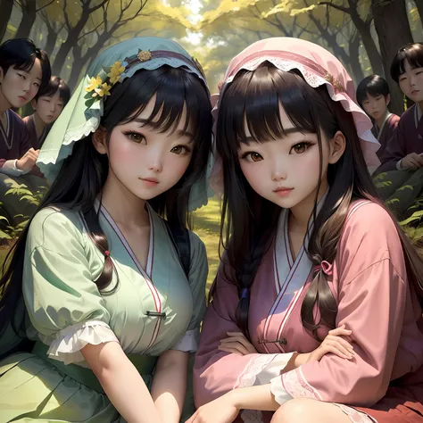 Two girls lying looking at 5 Korean boys in a magical forest