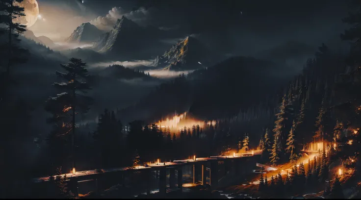 a forest at night with a large wooden bridge between the trees and the mountains a bright moon in the sky and fireflies and lights between the trees and a mist on the ground