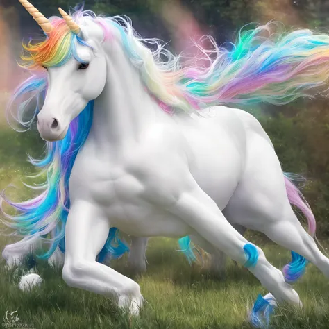 Realistic unicorn with white coat and multicolored hair.