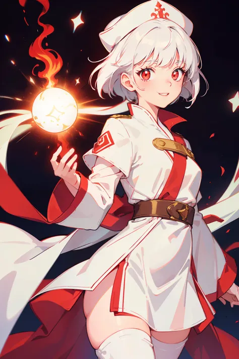 "Cleric girl with white short hair, red eyes, a cheerful smile, and a soft cap, wearing a long white robe with long sleeves and red leggings."