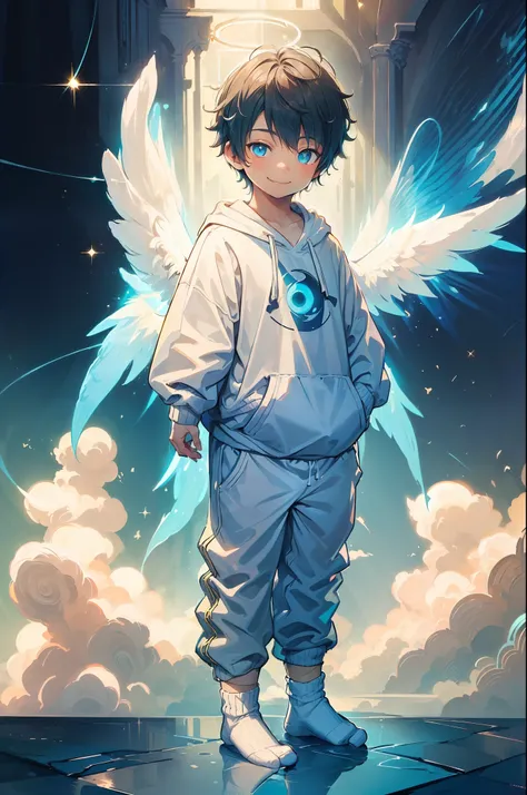 masterpiece, chubby little boy with dark cyan hair and shiny gold colored eyes and small socks wearing a hoodie and wings on his...