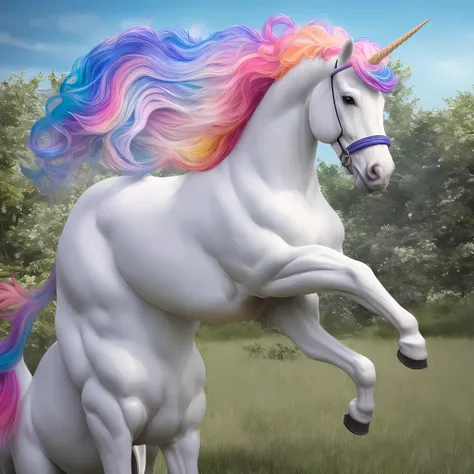 Realistic unicorn with white coat and multicolored hair.