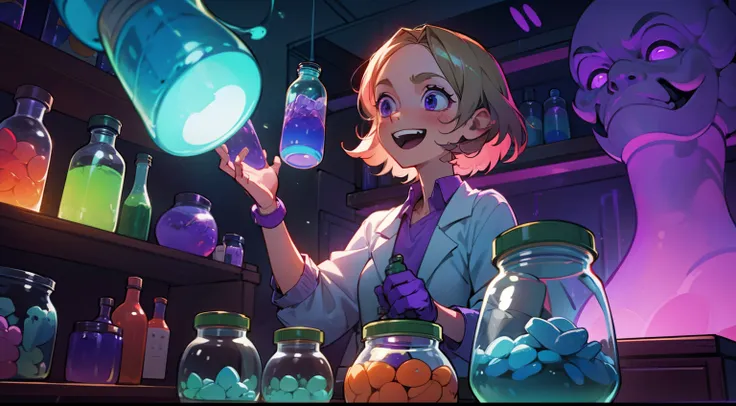 Crea una escena, Where a Girl Scientist, Its in your lab, with scientific jars, with greenish and purple lighting, with expression laughing raising his hands with jars in hand