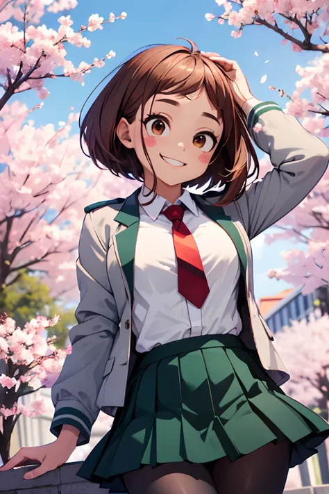 masterpiece, best quality, highres, hmochako, blush stickers, short hair, medium breasts. school uniform, green skirt, pleated skirt, red necktie, black pantyhose, white shirt, long sleeves, grey jacket, reaching out, smile, cherry blossoms, outdoors, cowb...