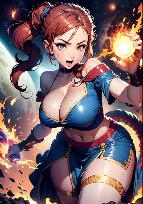 Dragon Quest World、Glamour girl、Red-headed twin-tailed、Sorcerer、Unleash a huge fireball in the heavens、huge-breasted、Blue shirt、long  skirt、battle action、GTS Space、rampage