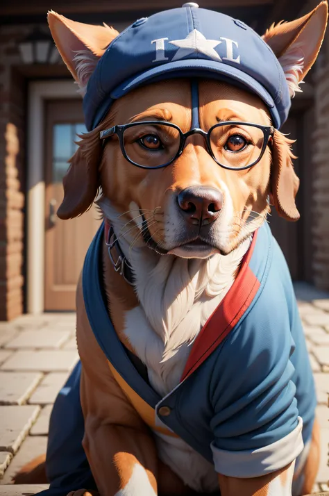 Dog, with cap, on the head and glasses, realistic, 3d, 8k, painting, strong colors, and vibrant with warm clothes