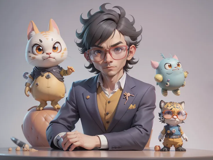 A young man in a suit, Short hair and glasses sat at his desk，holding laptop，digitial painting，tigre，3D character design by Mark Clairen and Pixar and Hayao Miyazaki and Akira Toriyama，4K HD illustration，Very detailed facial features and cartoon-style visu...