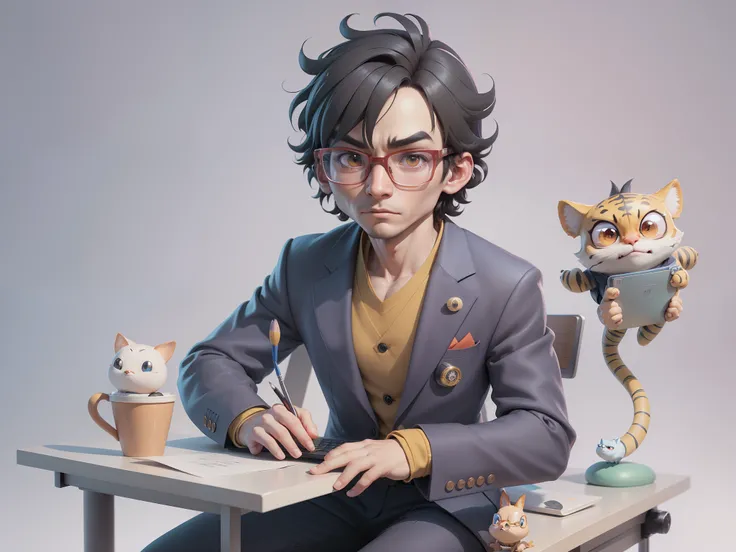 A young man in a suit, Short hair and glasses sat at his desk，holding laptop，digitial painting，tigre，3D character design by Mark Clairen and Pixar and Hayao Miyazaki and Akira Toriyama，4K HD illustration，Very detailed facial features and cartoon-style visu...