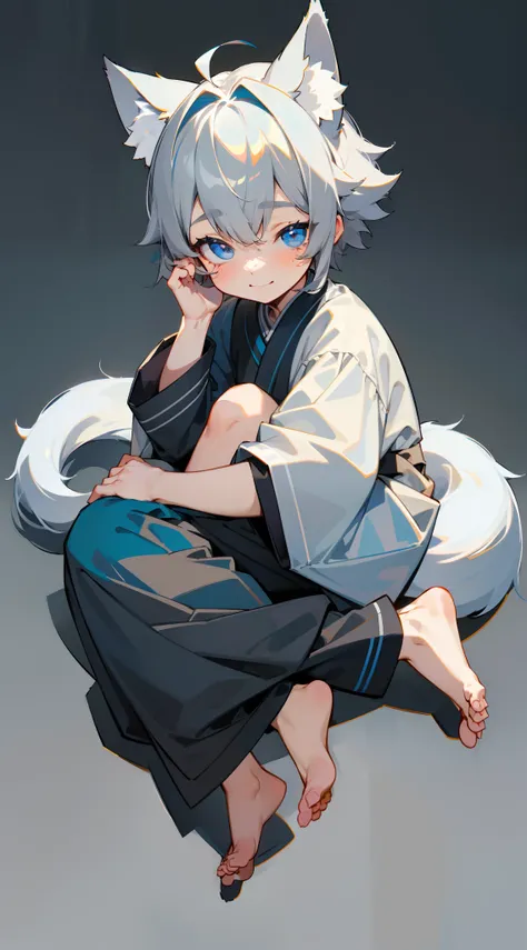 (1boy), (Shota), (HD quality, masterpiece level), cute teen characters, dark gray hair, blue eyes, (wolf ears), (wolf tail), one tail, (no ears), (little boy), (ears covered), (hair covered ears), a pinch of blue bangs, full body diagram, chubby face, bare...