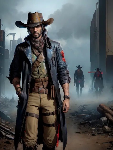 cowboys are walking through a dusty town with a gun in hand, cyberpunk wild west, post - apocalyptic cowboy, jesse mccree, western gunslinger, mccree from overwatch, gunslinger, the gunslinger, gungrave, western steampunk cyborg, in red dead redemntion 2, ...