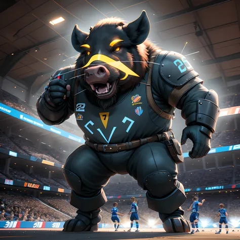 imagine prompt: Um poderoso mascote do time de futsal, A strong boar with giant fangs and sculpted muscles. Semi-human characteristics increase their ferocity. Vestido com uma manga curta, uniforme azul, exudes power and determination. A cena se passa em u...