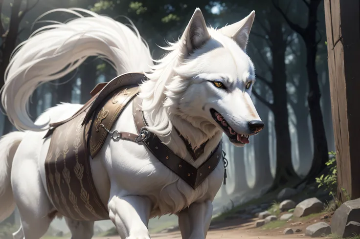 a white wolf wearing armor