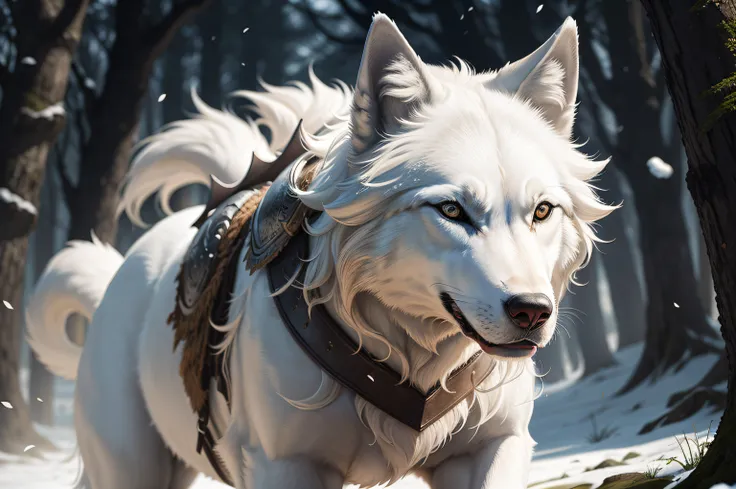 a white wolf wearing armor