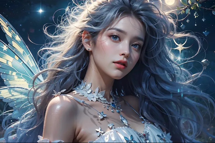 ((((masterpiece, best quality, high resolution)))), Extremely detailed 8K, (ultra detailed), full body, ultra wide shot, photorealism, fantasy art, D&D art,  a picture of an exquisite beautiful fairy woman flying at starry night sky at the forest, dynamic ...