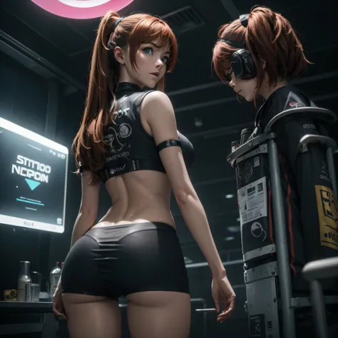 ((redhair)), ((blue eyes)), 1 girl, ((mejor calidad)), ((obra maestra)), (muy detallado:1.3), ....3d, hermoso (cyberpunk:1.3) ((Asuka Langley Shikinami)), ((Ropa trasnparent)) ((falta muy corta)) ((culo perfecto)) ((vista)) ((Vista posterior)) ((View from ...