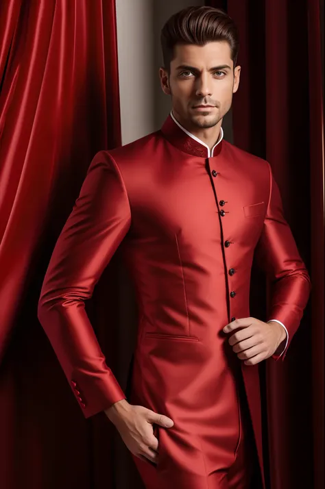 hombre de mediana edad, rico, millonario, apuesto, vestido con un traje rojo elegante, de pie, Hands back, mirada fija y de frente.