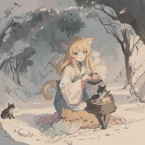 Cats((Take a cute cat 1.5))、((Best quality1.2))、((​masterpiece))、a blond((rainbow-colored hair))、in woods、I have a cute cat、Hachiwale