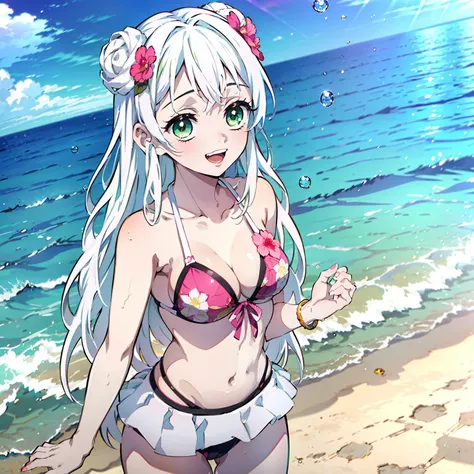 1girl, bathing suit, Jewelry, bikinis, Smile, little chest, blusher, open mouth, hetero, Cloud, Hair Flower, couple, flower, Kimetsu no Yaiba style, (((1girl))), 独奏, green colored eyes, white colored hair, extra very long hair, double bun, (tmasterpiece), ...