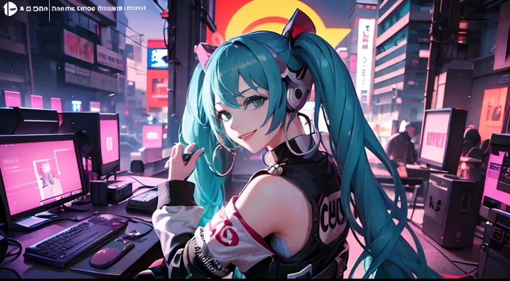 emerald hair、miku hatsune、woman with headphones stands at future event venue、fun look、a smile、dance music festival、live stage、vr...