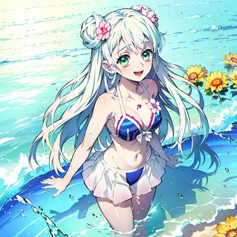 1girl, bathing suit, Jewelry, bikinis, Smile, little chest, blusher, open mouth, hetero, Cloud, Hair Flower, couple, flower, Kimetsu no Yaiba style, (((1girl))), 独奏, green colored eyes, white colored hair, extra very long hair, double bun, (tmasterpiece), ...