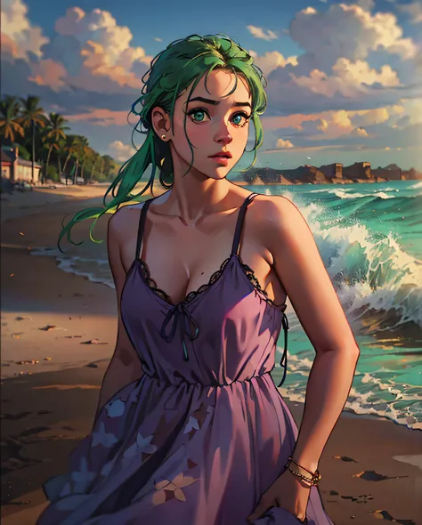 realistic photo, a realistic photo of 18yo girl in a sundress, green hair, beach, (1girl), (extremely detailed CG unity 8k wallpaper), photo of the most beautiful artwork in the world, professional majestic (photography by Steve McCurry), 8k uhd, dslr, sof...