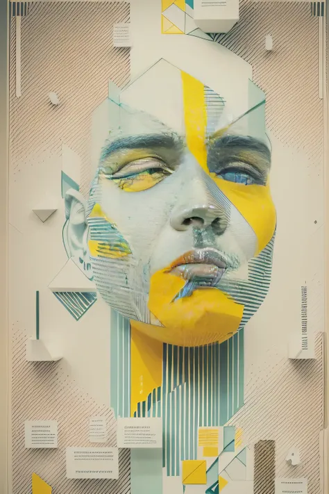 a poster, graphic design, a design with an image of a mans face, inspired by Mike Winkelmann, behance, hypermodernism, white and yellow scheme, thinker pose, have a sense of design, design thinking, screenshot, delete, short in stature, no future, bekinski...