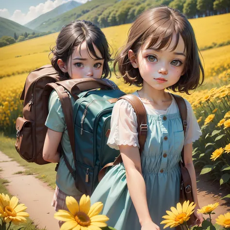 Prompt: An incredibly charming little girl carrying a backpack, accompanied by her adorable puppy, enjoying a lovely spring outing surrounded by beautiful yellow flowers and natural scenery. The illustration is in high definition at 4k resolution, with hig...