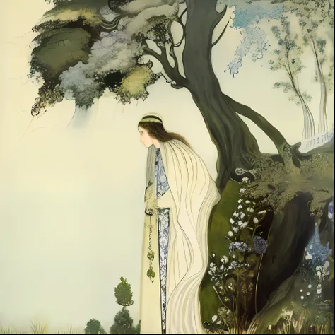 a painting of a man standing next to a tree on a hill, Kay Nielsen e Wadim Kashin, Directed by: Kay Nielsen, inspirado em Kay Nielsen, Eduardo Hughes, Arthur Rackham. master part, inspirado em Charles Maurice Detmold, Directed by: Richard Dadd, inspirado e...