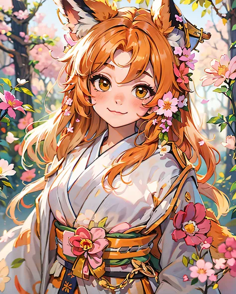 masterpiece, best quality, highly detailed, 1girl, solo, (:3:1.1), animal ear fluff, animal ears, orange hair, fluffy hair, blush, brown eyes, flower, fox ears, fox girl, gradient, gradient background, hair flower, hair ornament, japanese clothes, kimono, ...