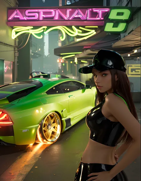 sexy posing girl,black cap,brown hair,black.latex tops,navel,black latex pant,green neon car background