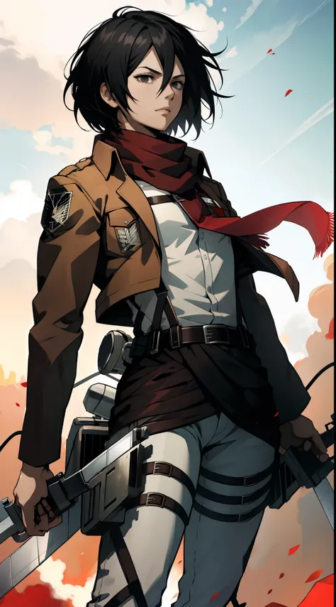 masterpiece, best quality, highres, hmmikasa, short hair, black eyes, scarf, emblem, belt, thigh strap, red scarf, white pants, brown jacket, long sleeves, holding weapon, sword, dual wielding, three-dimensional maneuver gear, fighting stance, sky,