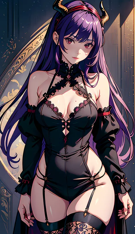 ultra realistic 8k cg, masterpiece, ((ultra detailed background, delicate pattern, intricate detail)), typhon, dragon horns, dragon tail, very long hair, purple hair, red eyes, hairband, black shirt, black shorts, garter straps, grey coat, off shoulder, op...