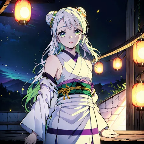 Kimetsu no Yaiba style, (((1girl))), 独奏, green colored eyes, white colored hair, extra very long hair, double bun, hairpin,  sleeveless kimono, detached sleeves, Obi Green Belt, painted lips, hair ornament, ssmile, Abstraction on the background, Fireflies,...