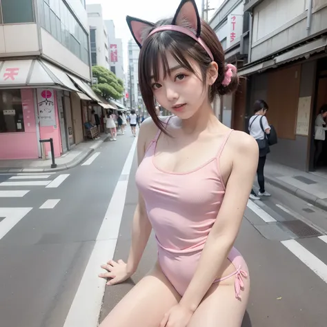 Streets of Tokyo,Wearing a pink leotard,A smile,childish,A dark-haired,Spread your legs apart,Wear a cat-eared headband,sticking out the tongue