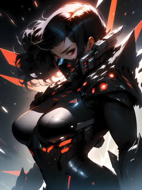 ((Best quality)), ((masterpiece)), (detailed: 1.4), (Absurd), angry princess, ((action pose)), (((woman with all-black graphite-colored skin)))), ((black mask with red eyes)), ready for war, black kinetic skin with exposed black muscles, hot woman, sculptu...