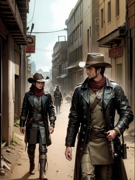 there is a man in a hat and trench coat holding , in a post apocalyptic setting, ancient roman cyberpunk wild west, post - apocalyptic cowboy, post apocalyptic explorer, post apocalyptic ancient roman western style, cyberpunk style outfit, post apocalyptic...