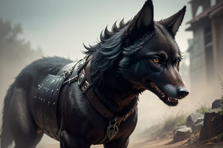 a black wolf wearing leather armor