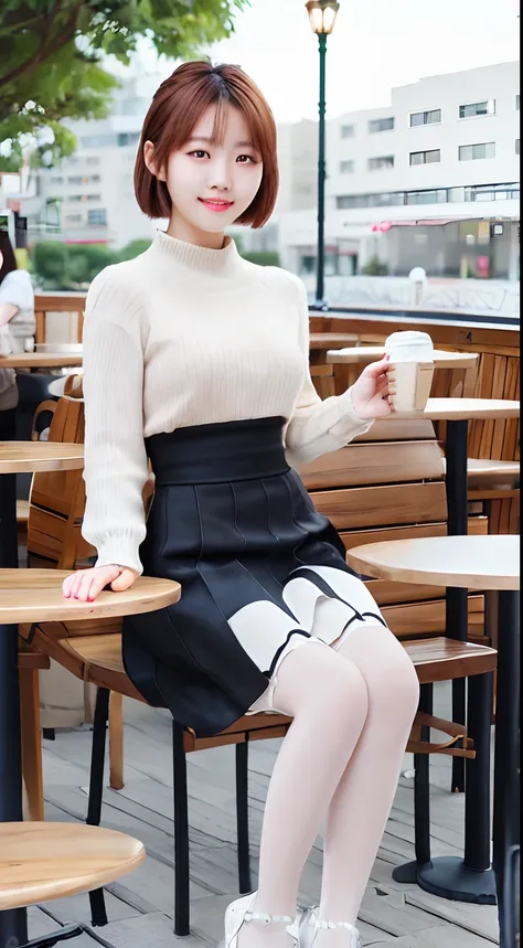 8k uhd, dslr,film grain, Fujifilm XT3,(best quality:1.3), (masterpiece:1.1), high resolution, cinematic light, intricate details, (photorealistic),outside,beautiful outside,sunny,
korean girl,(in cafe:1.5) , dimples, bobcut, looking at viewer, detailed tre...