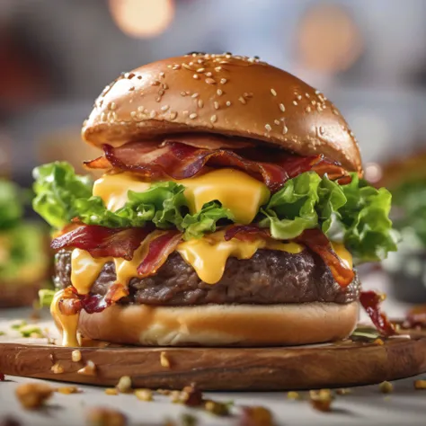 ((Gourmet burger)), ((hyper-realistic rendering)), ((juicy patty)), ((meticulously textured toppings)), ((sesame seed bun)), ((melting cheese)), ((crisp lettuce)), ((sizzling bacon)), ((sauce drizzle)), ((angled close-up view)), ((culinary masterpiece)), (...