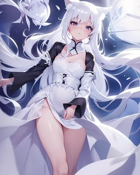 Anime - Stylistic image of a woman in a white dress and cat ears, loli in dress, White-haired god, seductive anime girls, clad in robes, wearing white robes with, Perfect white haired girl, cute anime waifu in a nice dress, dressed a long white, white hair...