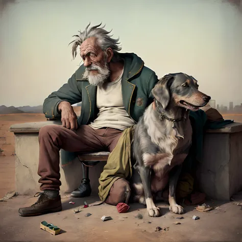 ((((higly detailed))))surrealism, minimalism,A homeless man sleeps on a bench,A dog sits next to him.