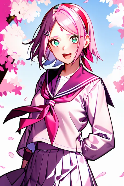 haruno sakura, naruto (series), naruto,

a 1girl, :d, alternate costume, Cyan eyes, cherry blossoms, shirt with collar, flower, from on the side, gray sailors collar, grey skirt, flower for hair, hair sleeves, hair ornament, head band, long sleeves, gaze a...