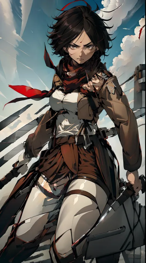 ((masterpiece, (best quality), highres, female (woman), hmmikasa, (short hair), (black eyes), scarf, emblem, belt, (thigh strap), (red scarf), (white pants), (brown jacket), (long sleeves), (holding weapon), sword, (dual wielding), (three-dimensional maneu...