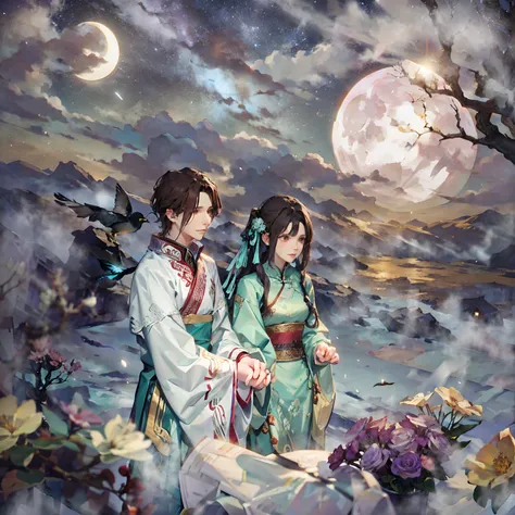 Ancient Chinese men and ancient Chinese women，Hold hands face to face，Beautiful curtains fluttering in the wind，At their feet are clouds and a hundred small black birds，The bright moon is such a beautiful star，The starry sky is romantic and beautiful，Fanta...