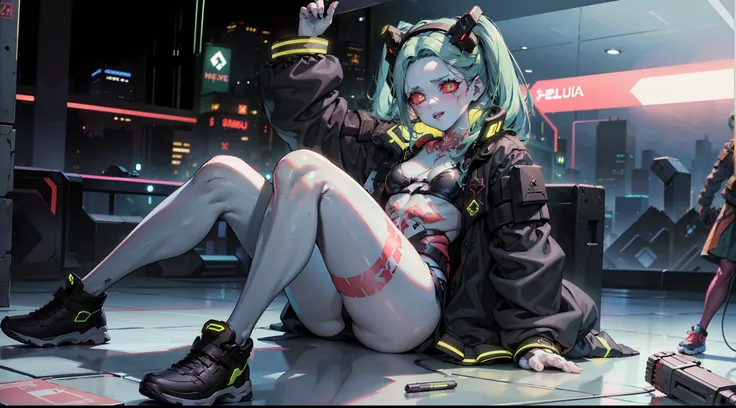 alta resolução, obra-prima, melhor qualidade, 1girl, rebecca (cyberpunk), militar, tattoo, sitting, roupa futurista, skirt, estilo cyberpunk neon, ao fundo cidade cyberpunk a noite, pele finamente detalhada, seios enormes, pernas muito musculosas