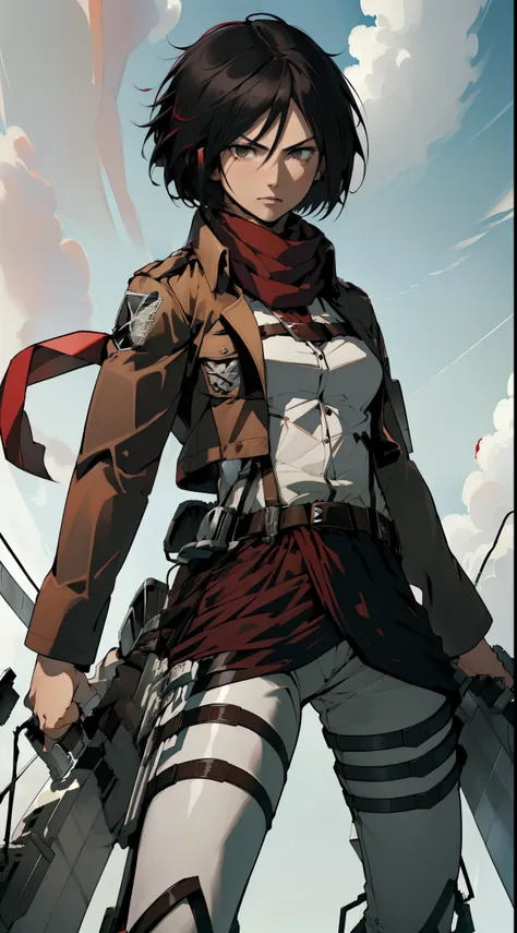 ((masterpiece, (best quality), highres, female (woman), hmmikasa, (short hair), (black eyes), scarf, emblem, belt, (thigh strap), (red scarf), (white pants), (brown jacket), (long sleeves), (holding weapon), sword, (dual wielding), (three-dimensional maneu...