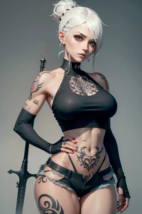 nier automata, UHD, high detail, high quality, super detail, ultra-fine illustration, 16k,Ghibli, gray hair, big eyes, long eyelashes, very long eyelashes, ethnic tattoos, (tattoos that cover the entire body), ((lots of tattoos)), tattoos on the chest, tat...