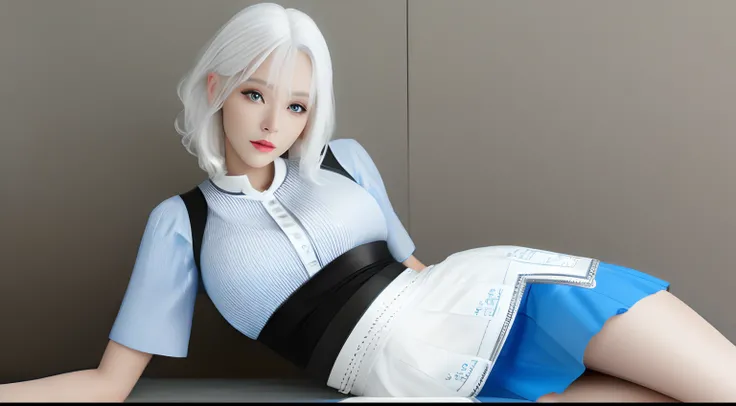 Surreal female real person, sexy beautiful real person white hair high appearance Asian blue eyes skirt